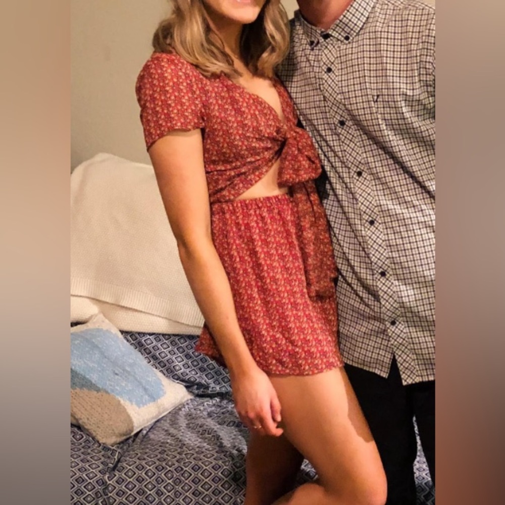 Floral Red Tie-Front Dress Romper